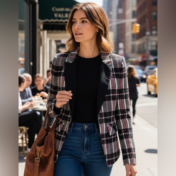 1. State Jackets & Blazers - 1.State Blazer Womens Size 4 Black Red Digital Plaid Fitted Preppy Vintage Y2K